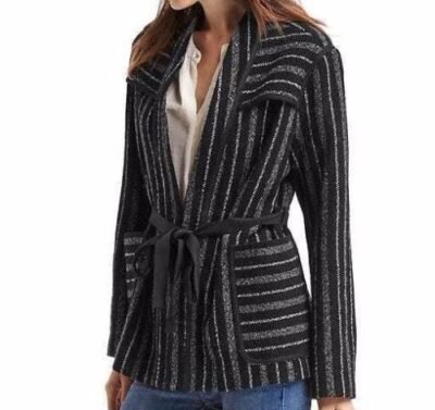 Gap Wool-blend stripe short coat, Black Sripe Sz M (319)
